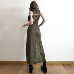 BXOXO Cyber Gothic Desert Walker Hooded Dresses Y2k Punk Grunge Hollow Out Midi Dress Women Sexy Split Side Solid Streetwear