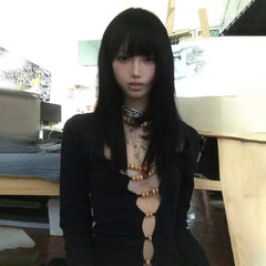 Bxoxo Japanese Y2k Hollow Out Tops Vintage Harajuku Beaded T Shirt 2000s Aesthetics Long Sleeve Slim T-shirts American Retro