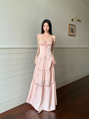 Bxoxo Pink Satin Backless Maxi Dress For Woman Shirring Beading A Line Long Tube Dress 2025 Summer Vacation Clothes