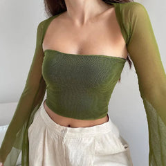 Bxoxo Aesthetic Vintage Women 2 Piece Sets Green Strapless Tank Top With Sexy Mesh Sheer Flare Long Sleeve Shawl Street Outfit