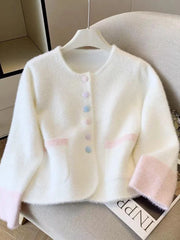 Bxoxo Faux Mink Cashmere Sweet Cardigan Women Long Sleeve O Neck Elegant Knitted Sweaters Korean Fall Winter Fashion Soft Pockets Tops