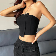 Bxoxo Y2K Sexy Irregular Strapless Tank Top Women Backless Sleeveless Zipper Tube Tops Gothic Summer Off Shoulder Lady Vest