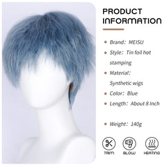 BXOXO 8 Inch Synthetic Mens Wigs Short Tin foil hot Blue Bangs Wig Heat Resistant Youth trend For Male Boy Cosplay Daily Party