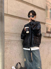 BXOXO Vintage PU Leather Jacket Women High Street Techwear Oversized Moto Biker Coats BF Punk Loose Casual Cropped Outerwear