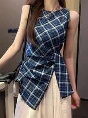 Bxoxo Vintage Slit Plaid Tanks Women Casual O Neck Sleeveless Korean Retro Tanks Summer Simple Design Female Elegant Tops New