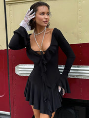 BXOXO Ruffled Lace-Up White Mini Dress Women's V-Neck Patchwork Long Sleeve Sexy Slim Dress Bandage Elegant Female Summer Dress