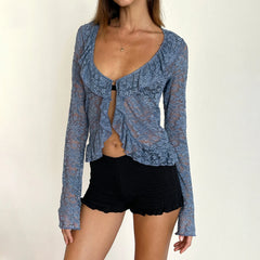 BXOXO Sexy Women Sheer Lace Cardigan Tops Ruffled Trim Long Sleeve V-Neck Summer Sun Protection Tops Y2k Shirts