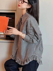 Bxoxo Vintage Black Plaid Shirt Women Loose Sweet Preppy Style Long Sleeve Blouse Fall Casual Retro Cute All Match Female Tops New