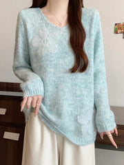 Bxoxo 3D Floral Sweet Sweaters Women Loose Fashion V Neck Elegant Knitted Jumper Casual Chic Korean Female Fall Winter Long Sleeve Top