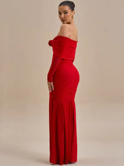 BXOXO Off-shoulder Strapless Rose Sexy Maxi Dress For Women Fashion Long Sleeve Backless Ruched Bodycon Club Party Dress