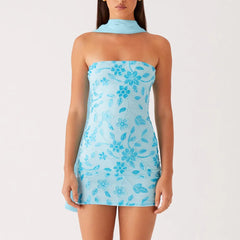 BXOXO Fashion Women Summer Sequin Mini Bandeau Dress Sleeveless Off Shoulder Flower Embroidery Tube Top Dress with Scarf