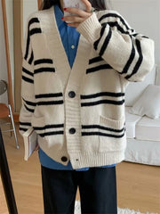 Bxoxo Women Cardigan Sweater Striped V-neck Button-up Sweater Jacket Comfy Cozy Slouchy Cardi Autumn Winter Casual Outfit