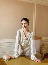 Bxoxo Elegant Wood Ear V Neck Shirt Women Korean Chic Rose Decoration Long Sleeve Tops Y2K Autumn Patchwork Office Lady Casual Blouse