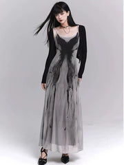 Bxoxo Retro Ink Butterfly Tie Dye Camis Dress Women Summer Slim Sleeveless Midi Dress Y2K Korean Sweet Mesh Spaghetti Straps Vestidos