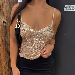 BXOXO Women Y2k Glitter Sequin Cami Top Spaghetti Strap Backless Sparkle Camisole Sexy V Neck Crop Tank Top Party Clubwear