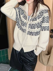 Bxoxo Print Retro Zipper Cardigan Women Loose Turtleneck Long Sleeve Korean Knitted Sweaters Vintage Female Casual Sweet Tops New