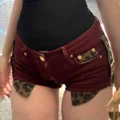 BXOXO Sexy Low-waisted Bodycon Shorts Y2k E-Girl Leopard Print Patchwork Jeans 2025 Summer New All-match Hot Short Pants