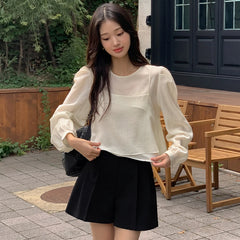 Bxoxo Unique Long Sve See-tough Tank Top Strap Vest Two-piece Set Chic Korean Sle Loose Fit round Ne Lantern Sve ...