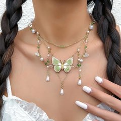 BXOXO 2Pcs Kpop Multilayer Lovely Butterfly Pendant Tassel Necklace Clip Earrings for Women Wed Bridal Exquisite Chain Y2K Jewelry Set