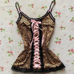 BXOXO American Retro Punk Rock Hip Hop Harajuku Y2K Women's Camisole Top Sexy Slim Chic Lace Bow Leopard Crop Top Emo Girls Streetwear