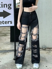 BXOXO New Broken Hole Jeans All-Match Distressed Women High Street Hip Hop High Waist Straight Loose Trousers Y2k Washed Mopping Pants