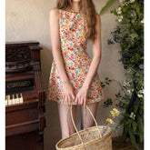 Bxoxo Summer Floral Print Tank Dress Women's round Neck Slim Fit Waist Cinched Sleeveless Mini Skirt Empire Waist Dress
