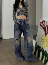 BXOXO Women's Knee Hole Design Dirty Blue Jeans Summer Cool Girl Wide-leg Denim Trousers Vintage Bottoms Female High Waisted Pants