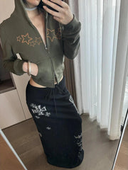 Bxoxo Black Gothic Long Skirt Women Japanese Style Harajuku Y2k Print Skirts Vintage 2000s Streetwear A-line Skirts Aesthetic