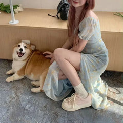 Bxoxo Blue Floral Print Summer Dress Women's High Slit Bubble Sleeve Long Dress Sweet Initial Feeling French Style Tea Break Dress