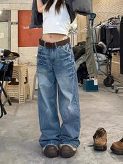 Bxoxo Vintage Rivet Women Jeans Y2k Harajuku Washed Wide Leg High Waist American Style Denim Pants Baggy Streetwear Trousers