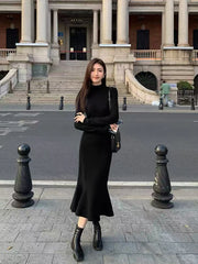 Bxoxo Fashion Turtleneck Black Midi Dress Y2K Korean Elegant Hepburn Style Slim Fishtail Dress Autumn Office Lady Long Sleeve Vestidos