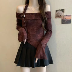 Bxoxo Fashion Slash Neck T Shirt Women Korean Elegant Off Shoulder Irregular Women Tops Harajuku Tie Dye Long Sleeve Pullovers