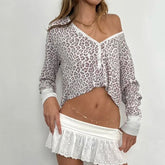 Bxoxo Retro y2k Leopard Print Cropped Top Women Autumn Casual V-neck Long Sleeve T-shirts Vintage 2000s Tees Aesthetic Harajuku