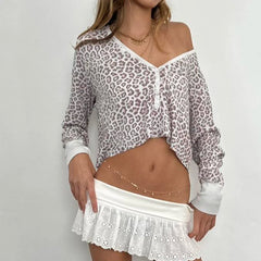 Bxoxo Retro y2k Leopard Print Cropped Top Women Autumn Casual V-neck Long Sleeve T-shirts Vintage 2000s Tees Aesthetic Harajuku