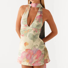 BXOXO Fashion Women's Halter Dress with Collar 2 Pcs Set Stylish Solid/Floral Print Deep V Neck Sleeveless Mini A-Line Dress