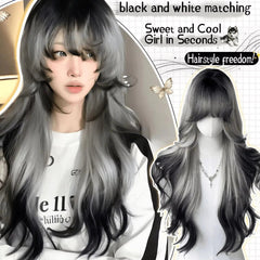 BXOXO synthetic Long Body Wave Black And Gray Gradient Cosplay Wigs Heat Resistant Synthetic Wigs Bangs Natural Lolita Wigs For Women