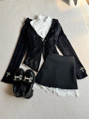 BXOXO Goth Women Two Pieces Set Hot girl Punk Y2k Cross Lace Slim Cardigan 2000s Harajuku Short Skirt Hollowed Out Butterfly Sleeve