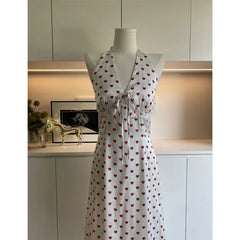 Bxoxo Sweet French Style Heart Print Satin Dress Neck Hanging Women's Maxi Skirt V-neck Sleeveless Empire Waist Spring Summer New