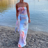 BXOXO Women Strapless Maxi Dress Boho Floral Print Bodycon Long Tube Dress Summer Tie Waist Long Holiday Beach Sundress