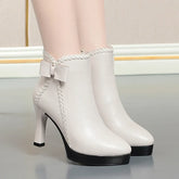 BXOXO Autumn Women's Platform Shoes New Plus Velvet Stiletto Heel Heeled Ankle Boots Winter Versatile Pointed Toe Warm Short Boots