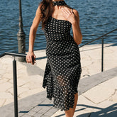 BXOXO Women Summer Spaghetti Strap Dress Casual Dot Print Ruffle Party Dress and Scarf for Vacation Beach Streetwear