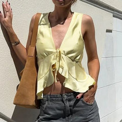 BXOXO Women Fashion Satin Vest Sleeveless Lace Up Front Ruffle Hem Tank Top Solid Color Tie Camisole Summer Going Out Top