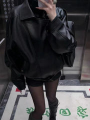 Bxoxo Black Pu Leather Coats Women Y2K Fashion Streetwear Loose Motorcycle Jacket Autumn American Female Lapel All Match Outwear