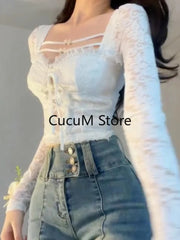 Bxoxo Sexy Crop Tops Slim Fit Lace Blouses for Women Temperament Shirts Bandage Fashion White Y2k Blouse White Cltohing 2023 Summer