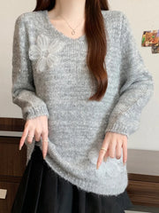 Bxoxo 3D Floral Sweet Sweaters Women Loose Fashion V Neck Elegant Knitted Jumper Casual Chic Korean Female Fall Winter Long Sleeve Top