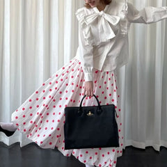 Bxoxo Vintage Sweet Long Skirt Women Elegant Red Polka Dot Maxi Skirts Japanese Style Harajuku High Waist Loose Ruffle Skirts