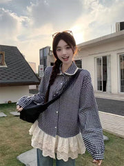 Bxoxo Sweet Knitted Cardigan Vest 2 Piece Sets Women Korean Chic Plaid Shirt Long Sleeve Tops Y2K Fashion Preppy All Match Tanks Suit