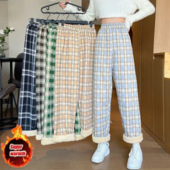 BXOXO Fashion Warm Plush Pants Cashmere Thick Plaid Ladies Winter Casual Loose Wide-legged Pants Korean Streetwear Students