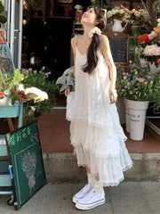 Bxoxo Lace Patchwork Camis Dress Women French Elegant Spaghetti Straps White Dress Y2K Summer Sweet Bohemia Femme A-Line Vestidos