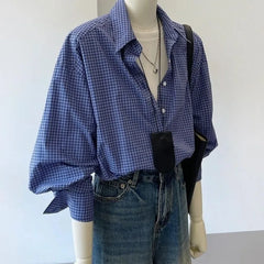 Bxoxo Blue Basic Vintage Plaid Women's Shirts Harajuku Long Sleeve Korean Fashion Blouses Loose Casual Commuting Youthful